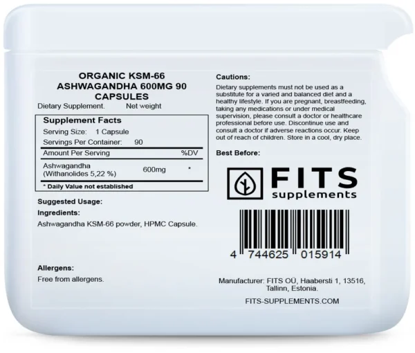 Fits Organic KSM 66 Ashwagandha 600 mg 90 capsules – view 2