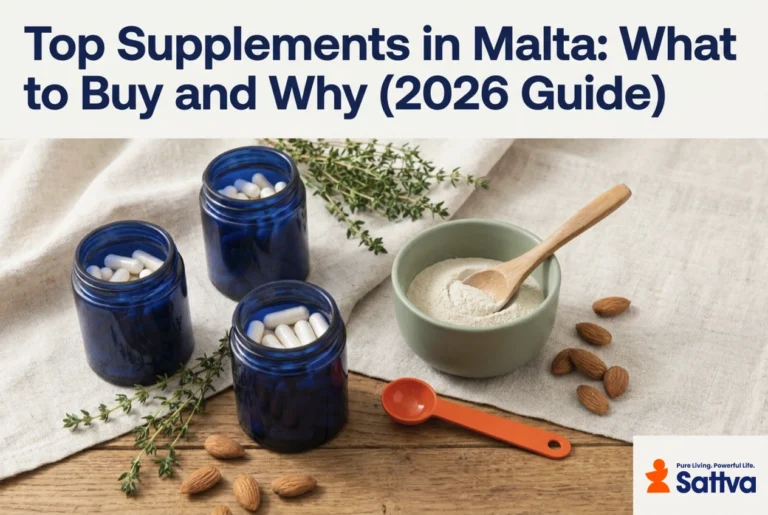 Navy supplement jars, powder bowl and almonds on oak and linen with the official Sattva Pure Living Powerful Life logo — Top Supplements in Malta guide