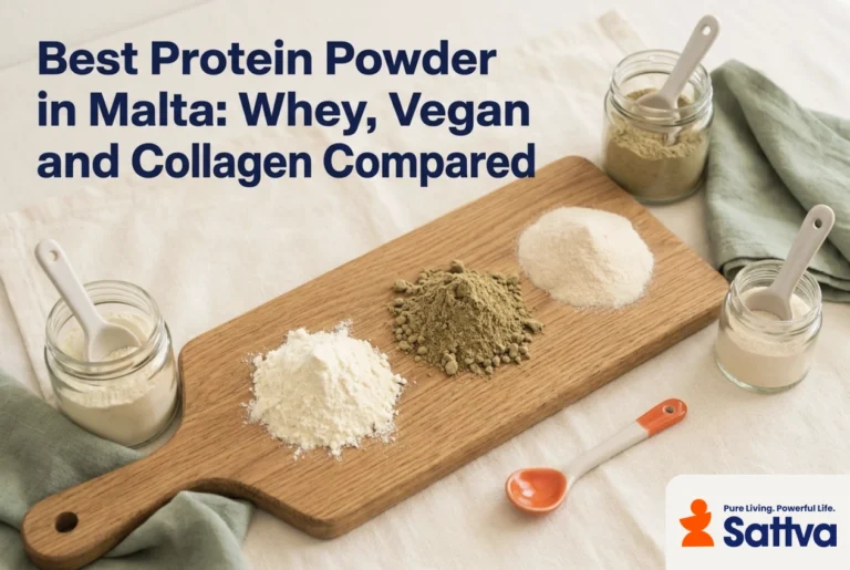 Protein powders on an oak board with the official Sattva Pure Living Powerful Life logo — Best Protein Powder in Malta guide