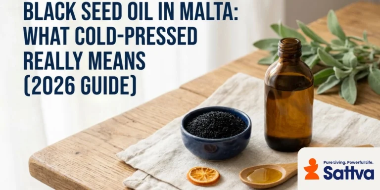 Amber bottle of cold-pressed black seed oil beside a navy bowl of nigella sativa seeds and wooden spoons on an oak board, with the official Sattva Pure Living Powerful Life logo