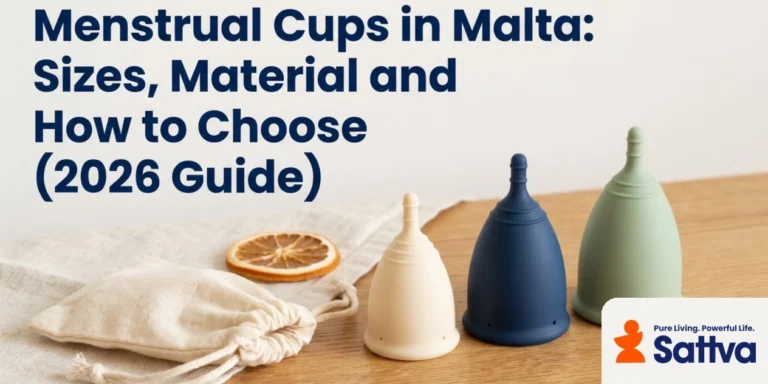 Three reusable silicone menstrual cups in small, medium and large sizes beside an organic cotton pouch on an oak table, with the official Sattva Pure Living Powerful Life logo