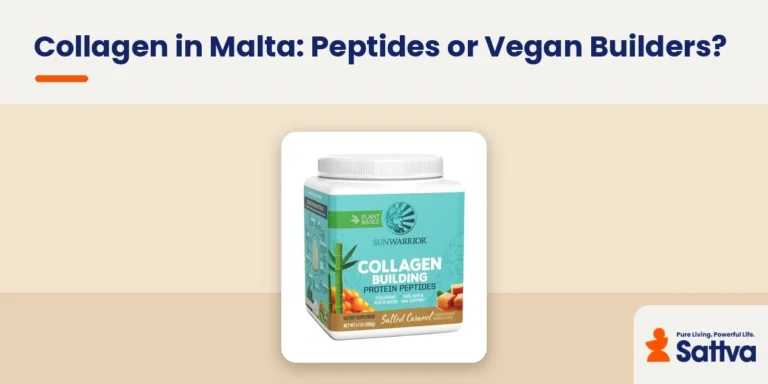 Collagen in Malta guide — SunWarrior Collagen Building Protein Peptides tub on Sattva brand header