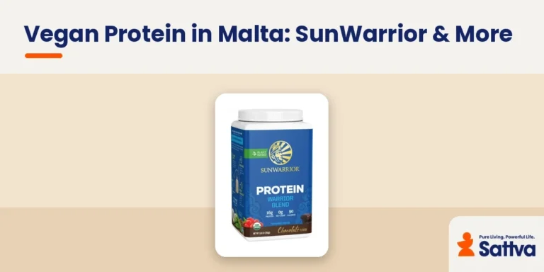 Vegan protein in Malta guide — SunWarrior Warrior Blend Organic tub on Sattva brand header